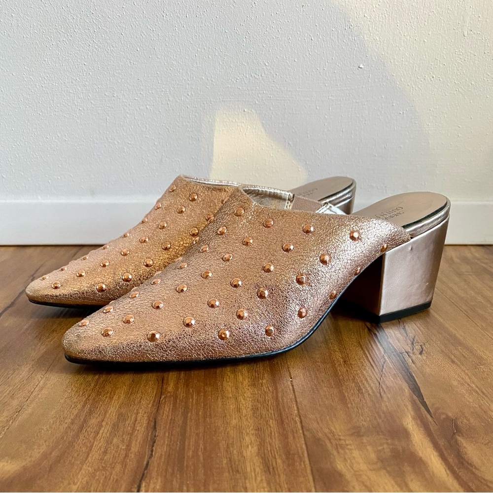 NWOT Vegan Metallic Rose Gold Studded Mules